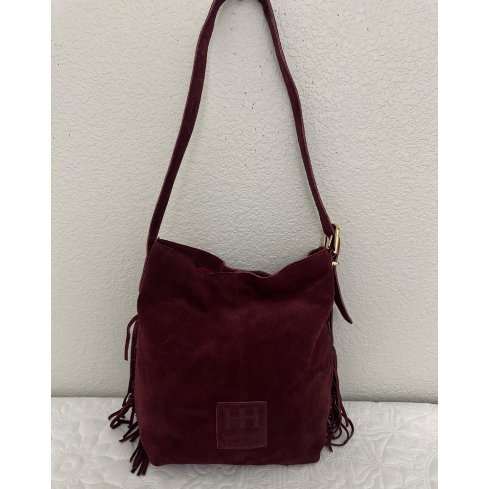 Haute Hippie Burgundy Suede Fringe Shoulder Bag Boho Western Hobo Slouchy Wine